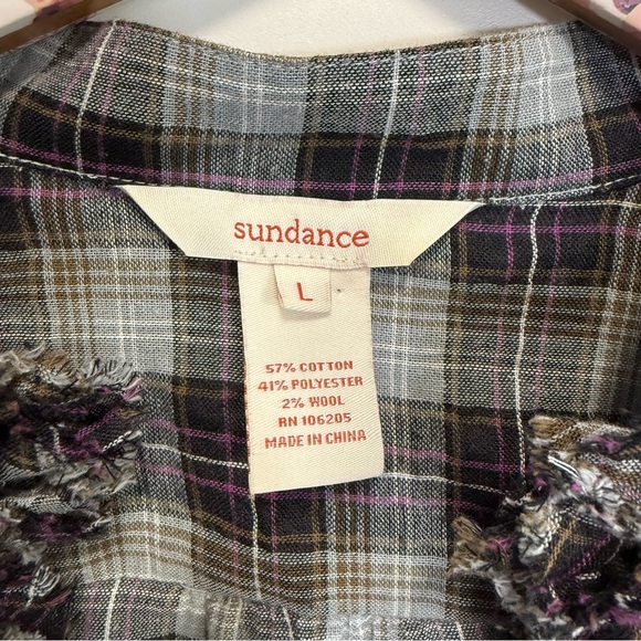 SUNDANCE Womens L Gray Purple Plaid Top Ruffle Raw Neckline Large - Picture 5 of 6